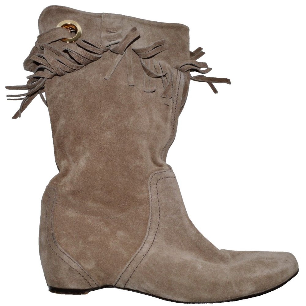 SANTA LOLLA SZ 6 M 36 GRAY Beige Suede Leather MID CALF FRINGE BOOTS BOOTIES